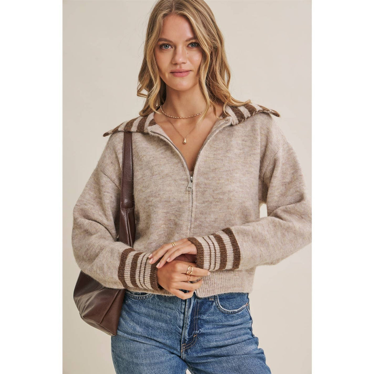 HARBOR MORNING WOOL STRIPE SAILOR COLLAR ZIP SWEATER JACKET