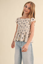TWEEN GIRLS FLUTTER SLEEVE SMOCKED TOP