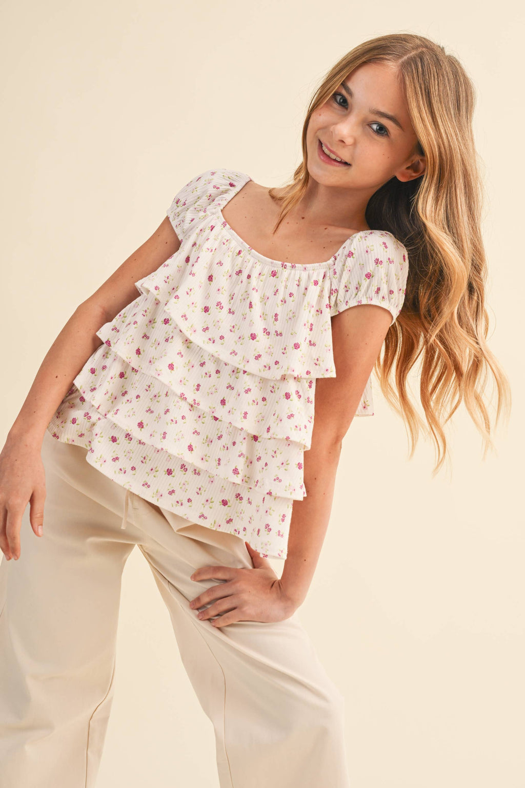 TWEEN GIRLS RUCHED SHOULDER RUFFLE CROPPED TOP