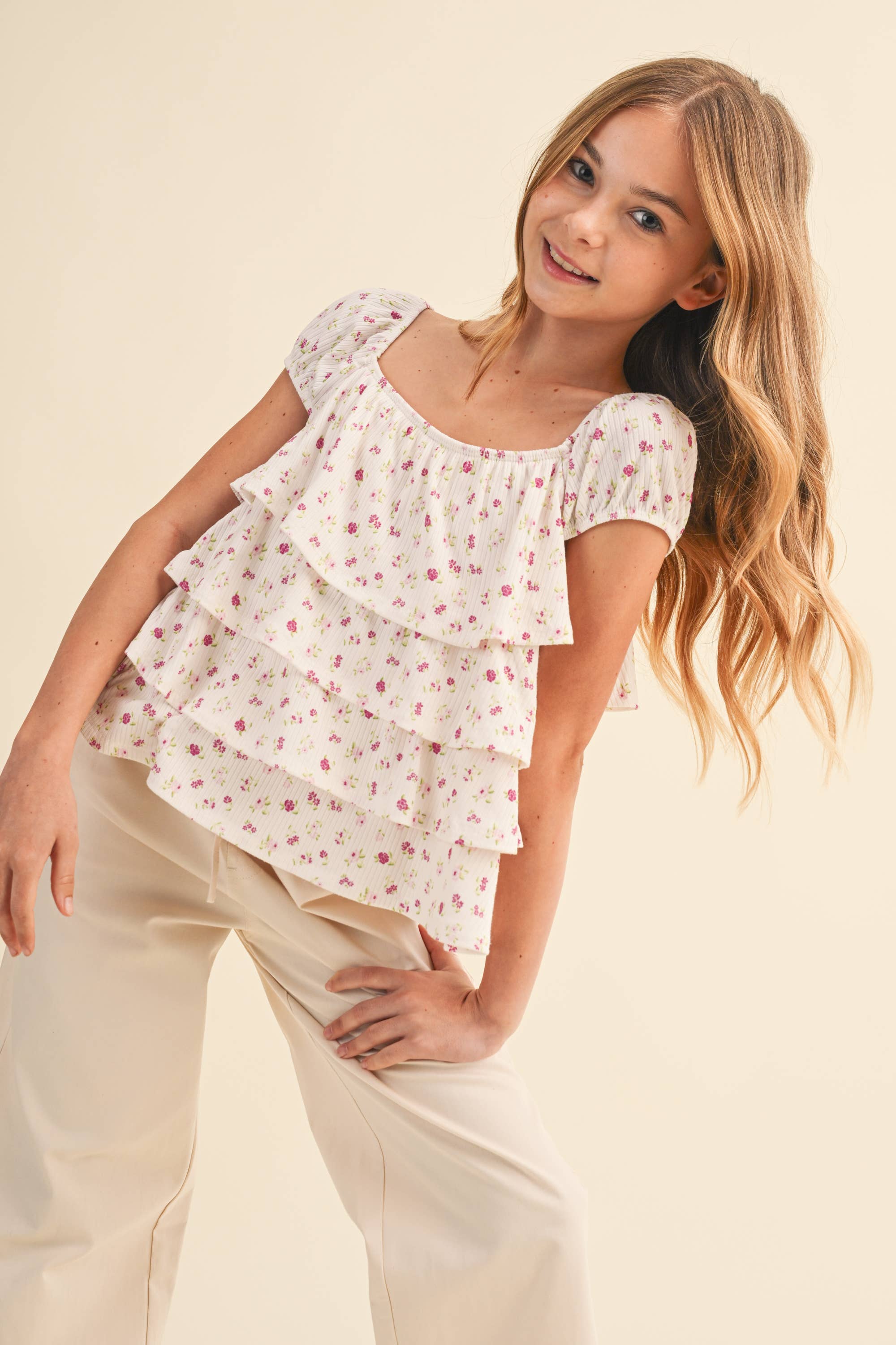 TWEEN GIRLS RUCHED SHOULDER RUFFLE CROPPED TOP