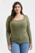PLUS SCOOP NECK LONG SLEEVE HENLEY KNIT TOP