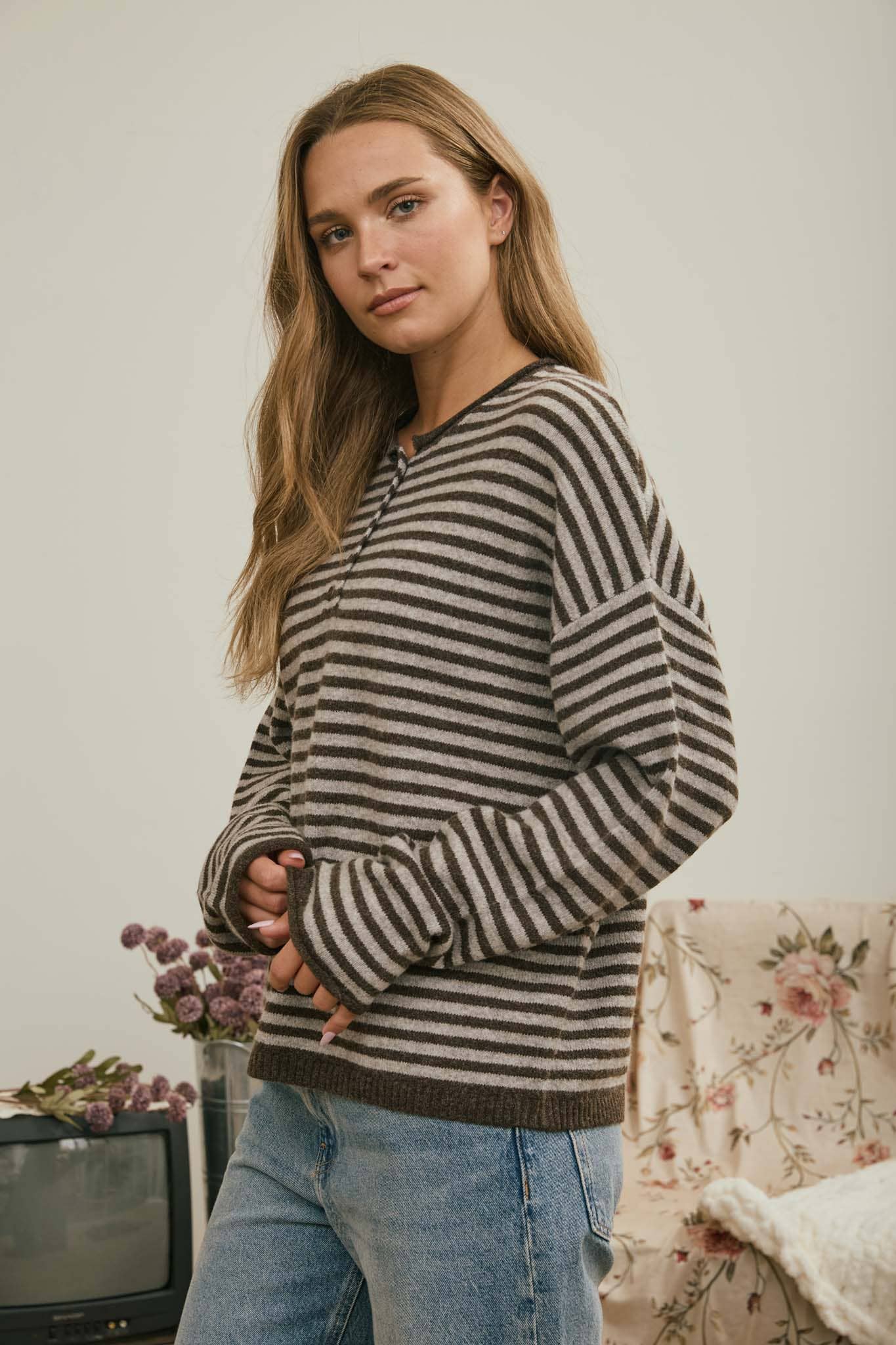 BUTTON HENLEY STRIPE LONG SLEEVE DROP SHOULDER SWEATER