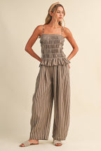 STRIPED RUFFLE HEM SMOCKED TOP PLAID WIDE LEG PANTS