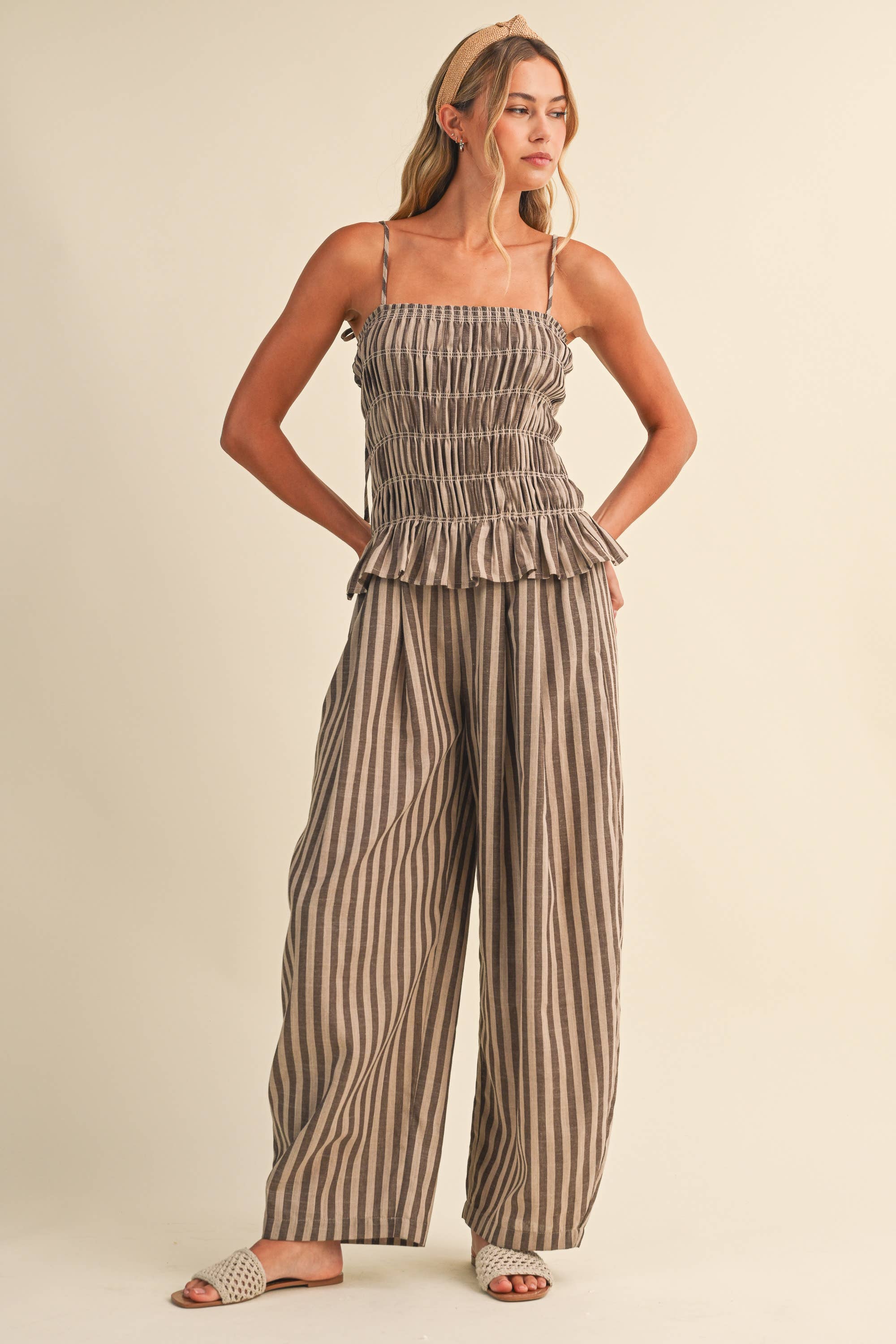 STRIPED RUFFLE HEM SMOCKED TOP PLAID WIDE LEG PANTS