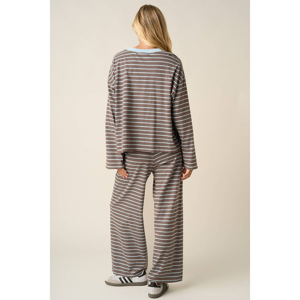 STRIPED LONG SLEEVE AND WIDE LEG PANTS CASUAL SET