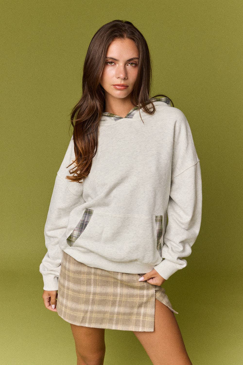 Betty Plaid Trim Pullover Hoodie