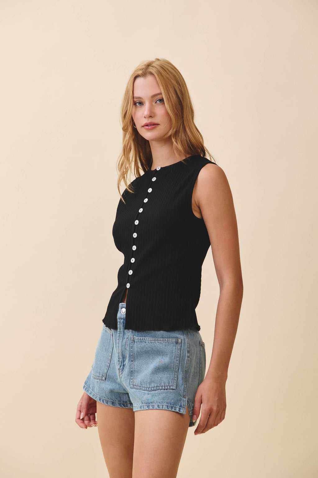 Ribbed Button Front Tank Top