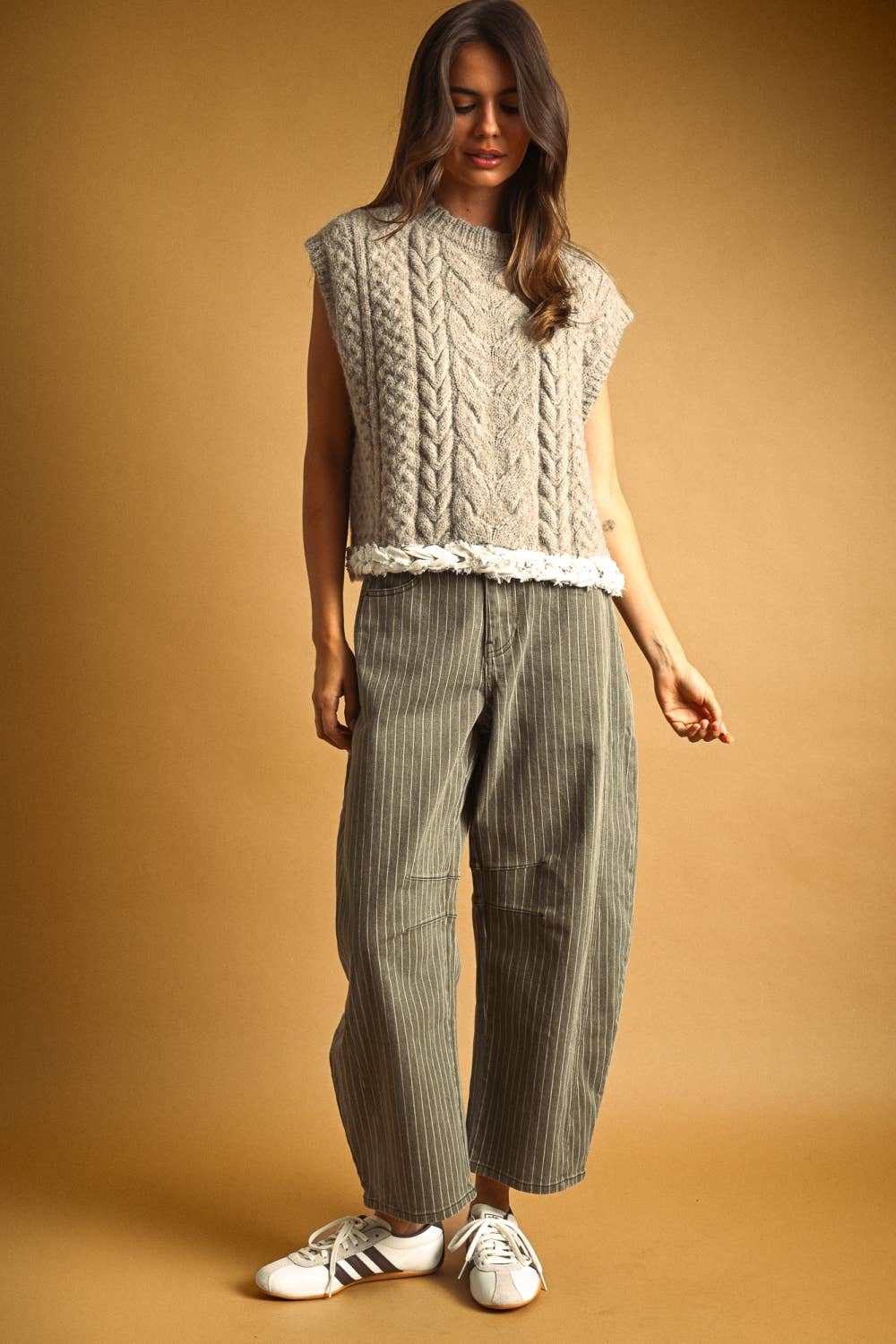 PINSTRIPED PATTERN BARREL PANTS