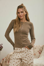 BUTTON FRONT ROUND NECK LONG SLEEVE KNIT TOP (multiple colors)