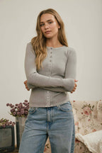 BUTTON FRONT ROUND NECK LONG SLEEVE KNIT TOP (multiple colors)