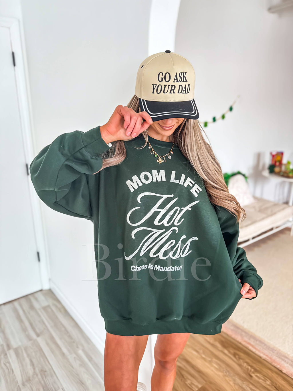 Mom Life Hot Mess Graphic Crewneck on Forest Green
