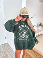 Mom Life Hot Mess Graphic Crewneck on Forest Green