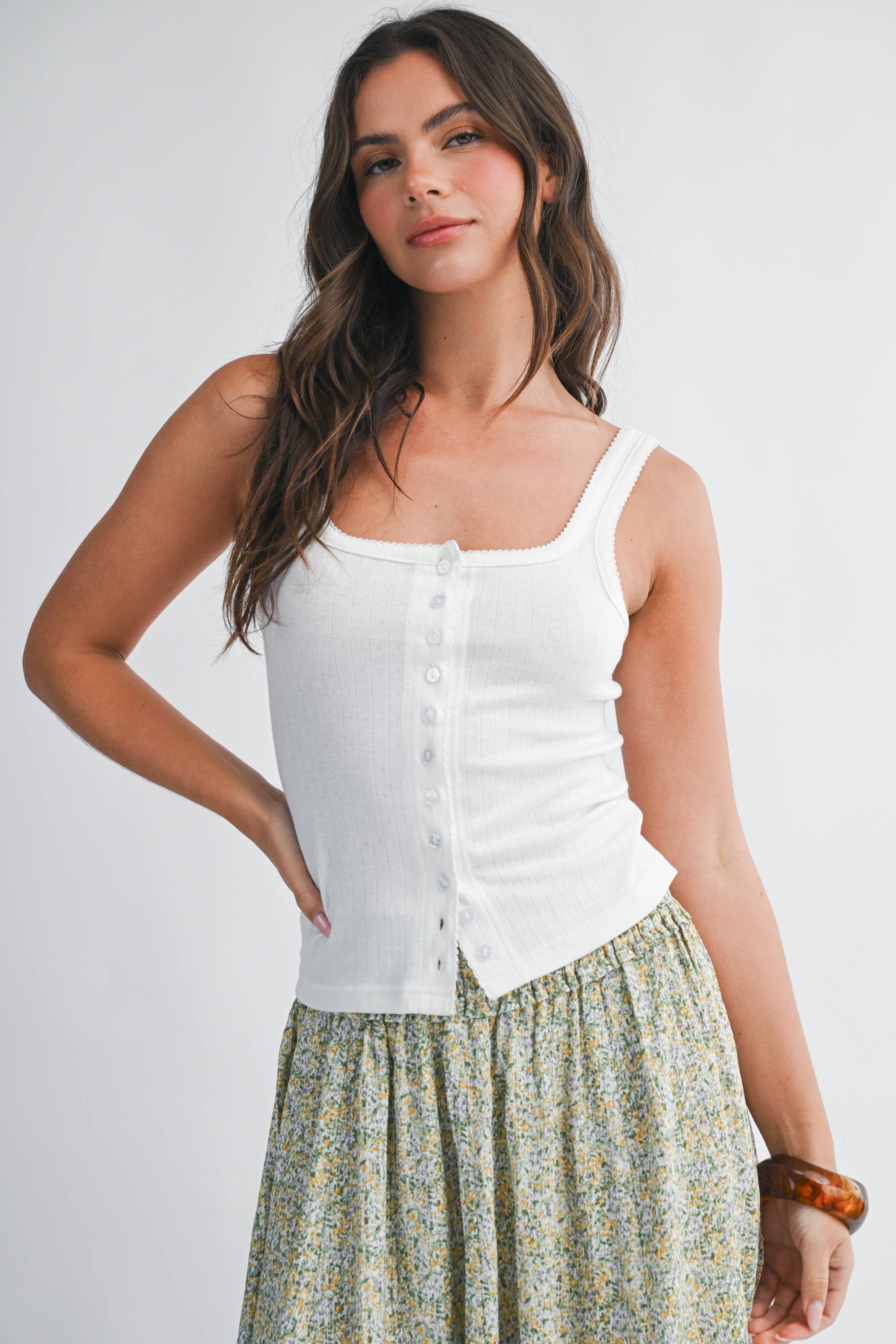Pointelle Button Front Cami Tank ( Multicolors )