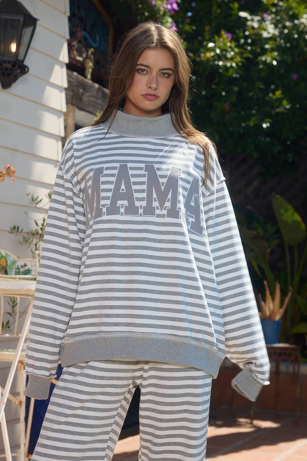 MAMA' Embroidered Applique Striped Mock-Neck (multiple colors)