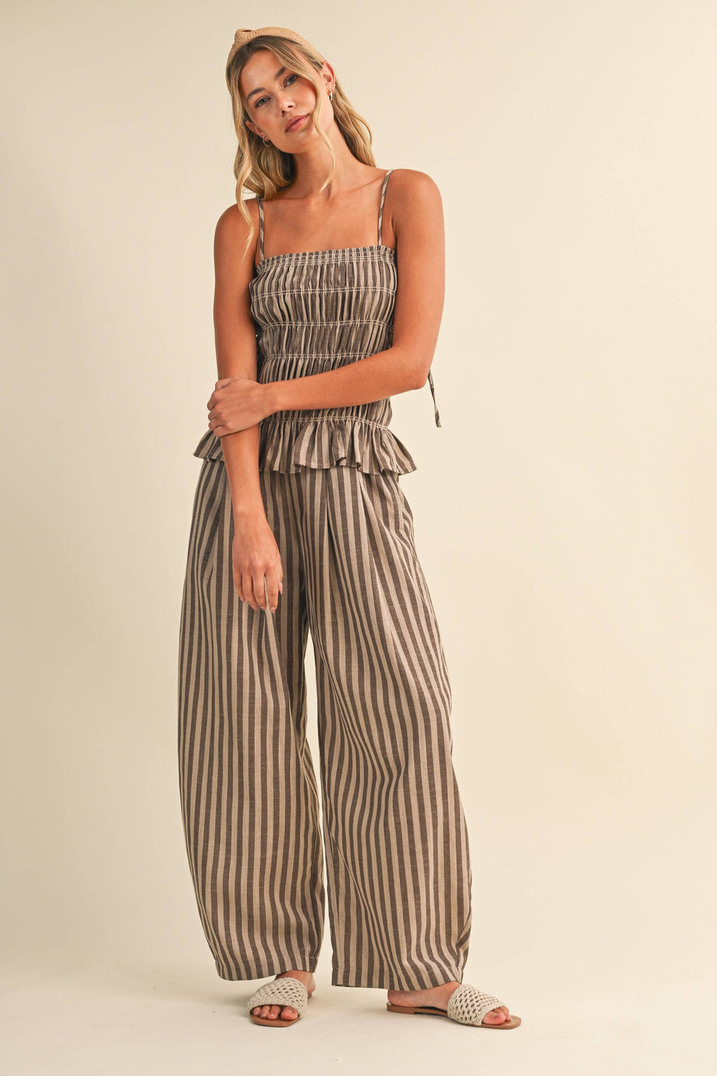 STRIPED RUFFLE HEM SMOCKED TOP PLAID WIDE LEG PANTS