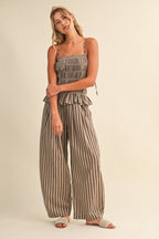 STRIPED RUFFLE HEM SMOCKED TOP PLAID WIDE LEG PANTS