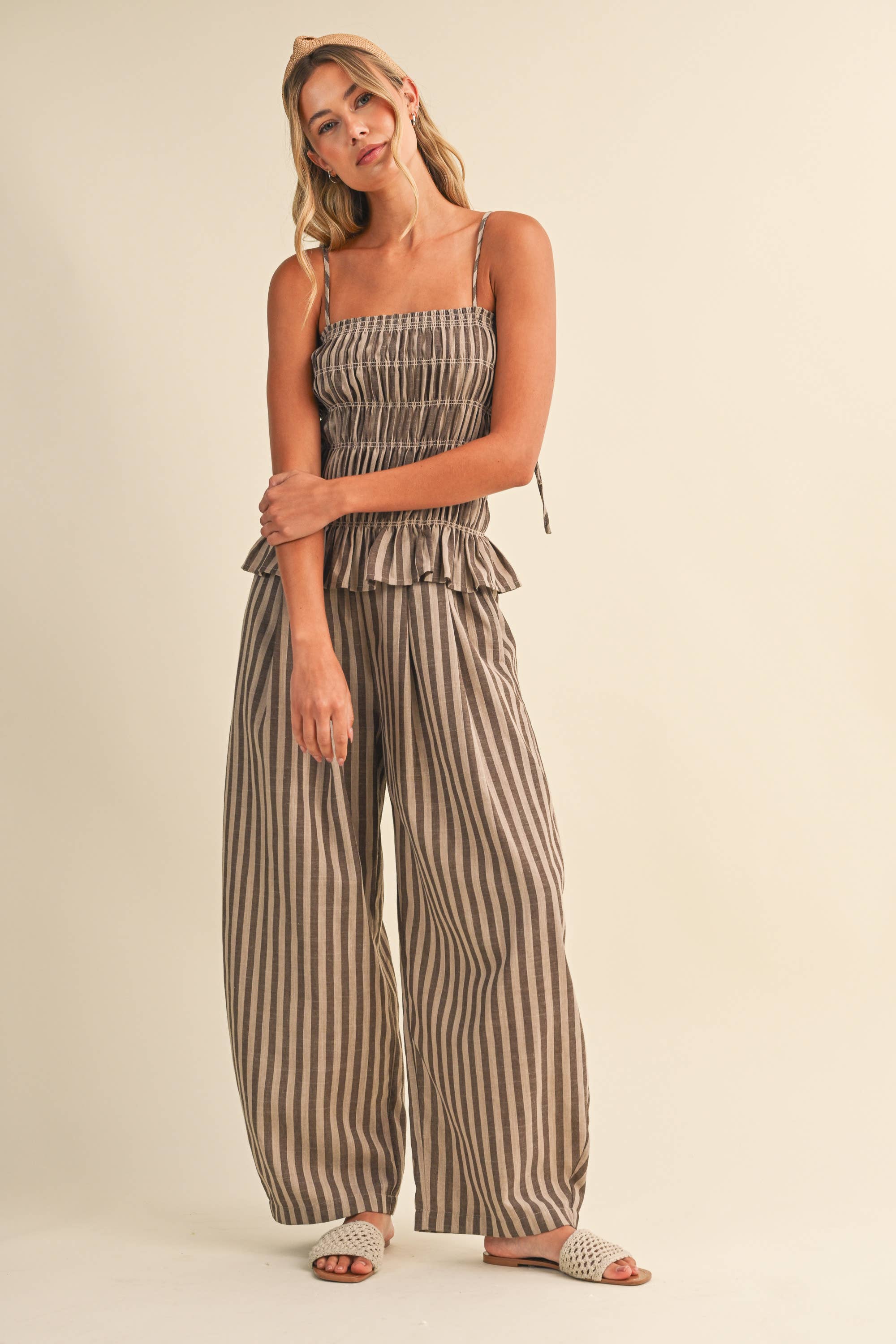 STRIPED RUFFLE HEM SMOCKED TOP PLAID WIDE LEG PANTS