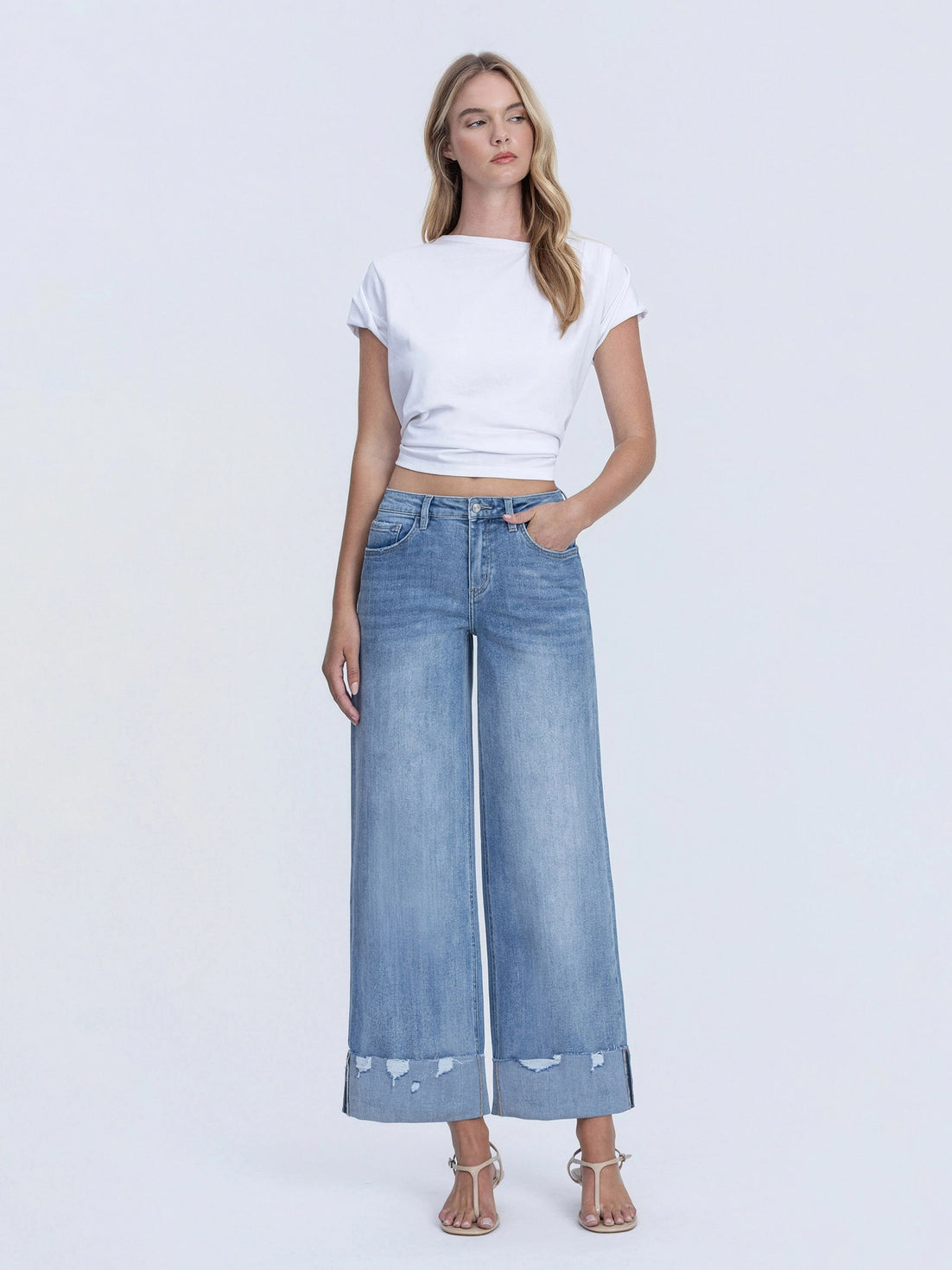 High Rise Medium Wash Cuffed Wide Jeans
