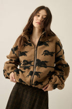 Horses Jacquard Sherpa Fleece Zip-Up High-Collar Jacket