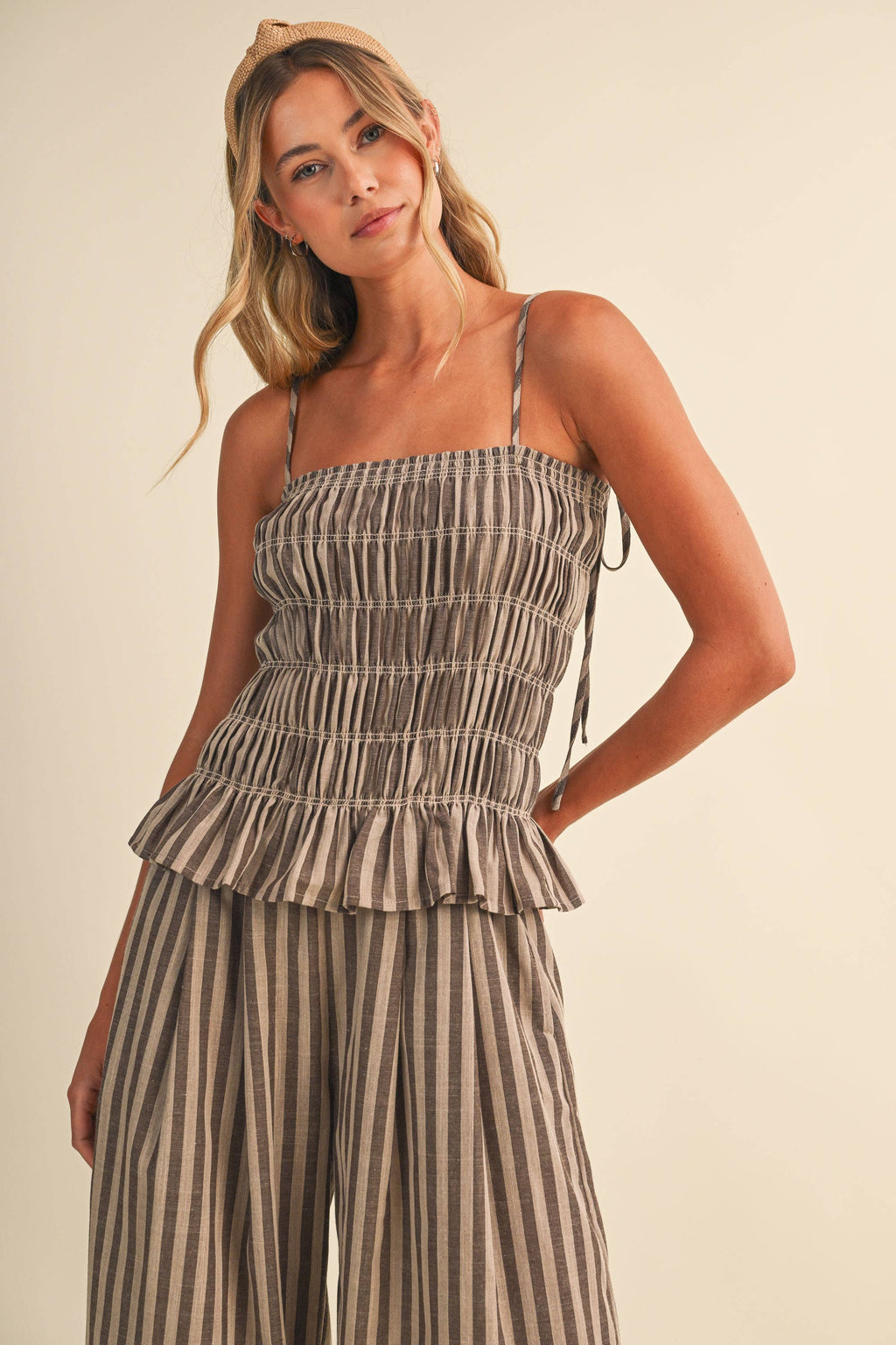STRIPED RUFFLE HEM SMOCKED TOP PLAID WIDE LEG PANTS
