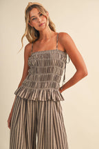 STRIPED RUFFLE HEM SMOCKED TOP PLAID WIDE LEG PANTS
