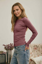 BUTTON FRONT ROUND NECK LONG SLEEVE KNIT TOP (multiple colors)