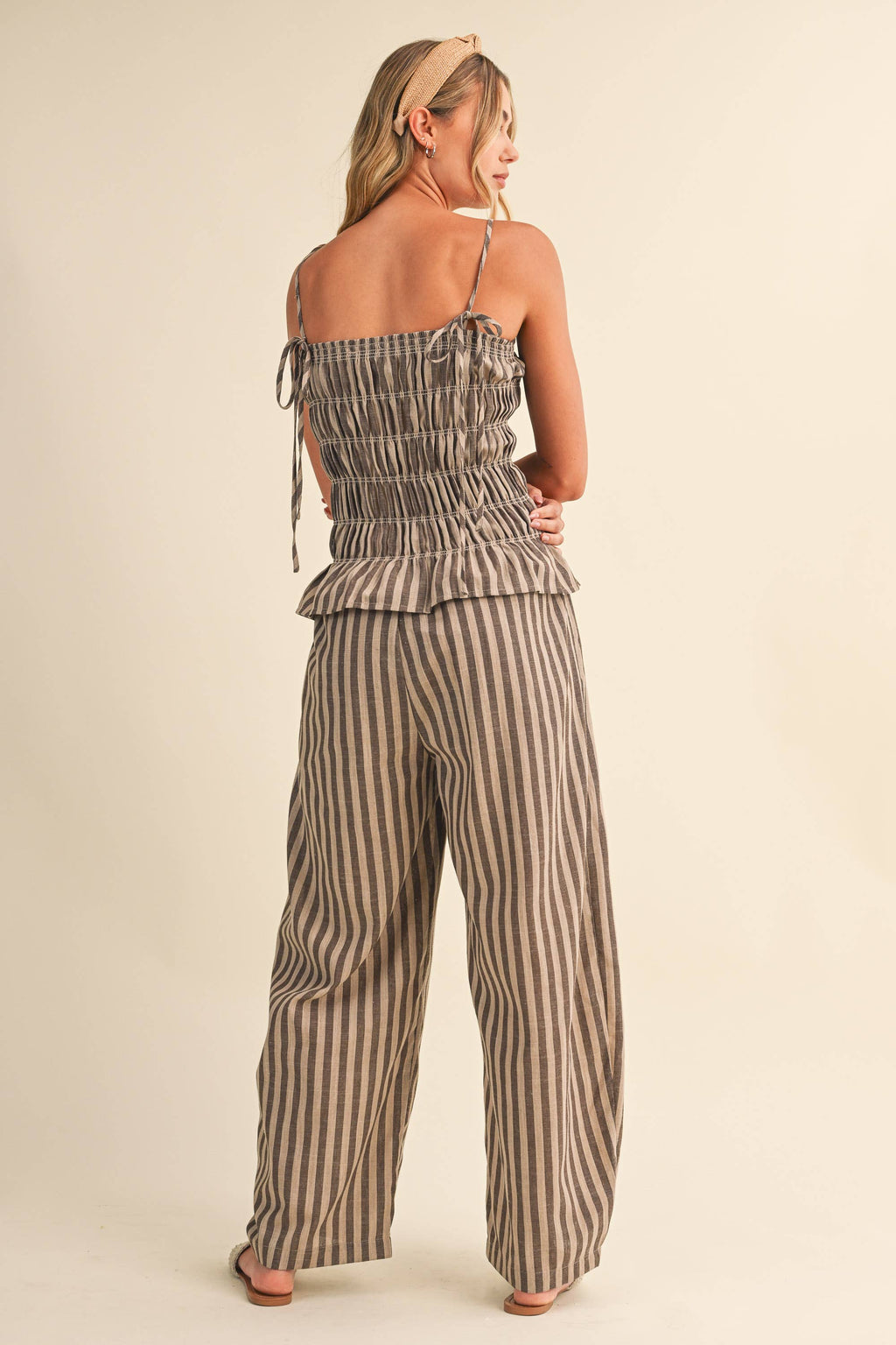 STRIPED RUFFLE HEM SMOCKED TOP PLAID WIDE LEG PANTS