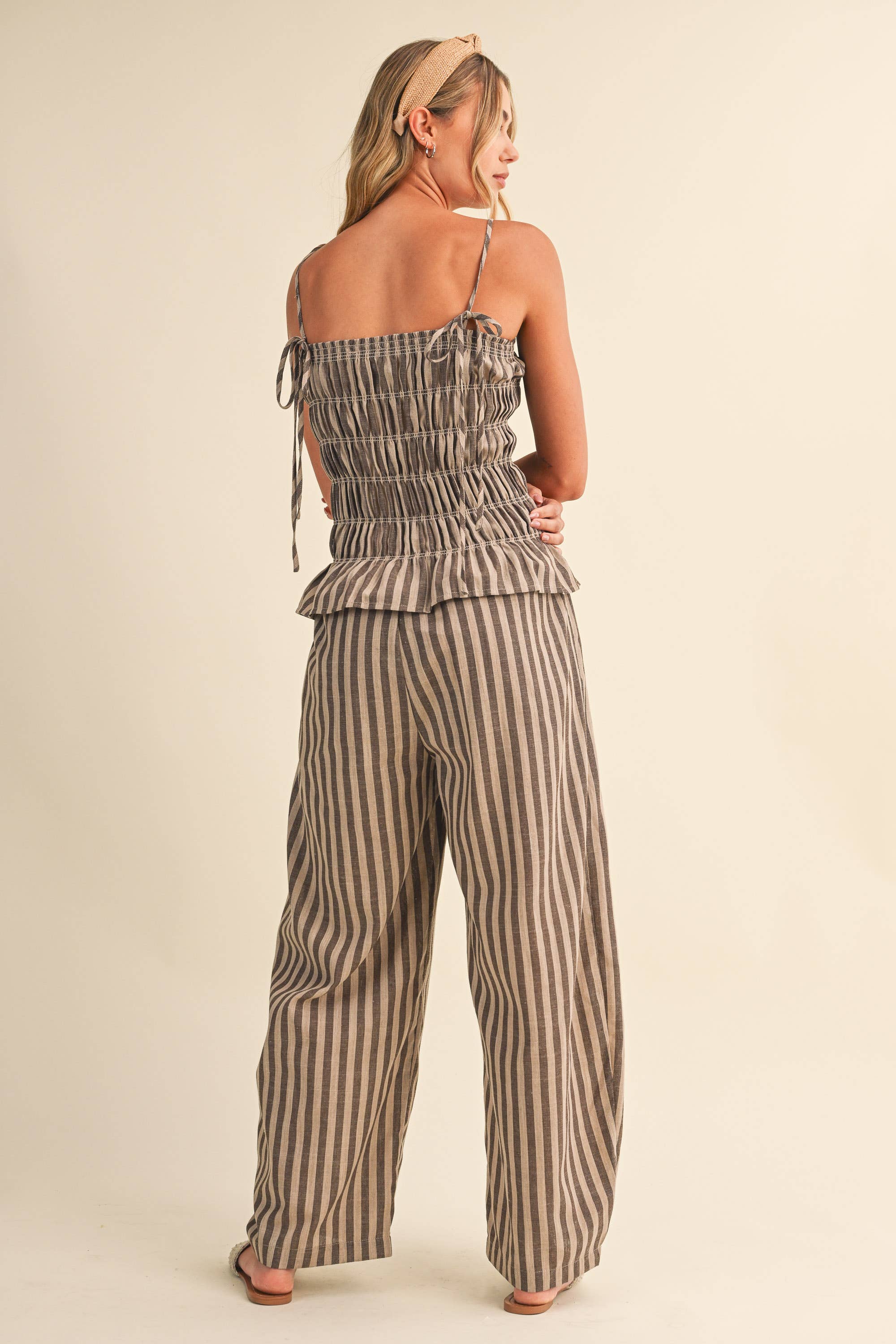 STRIPED RUFFLE HEM SMOCKED TOP PLAID WIDE LEG PANTS