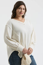PLUS V NECK ASYMMETRICAL HEM LONG SLEEVE KNIT TOP