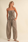 STRIPED RUFFLE HEM SMOCKED TOP PLAID WIDE LEG PANTS