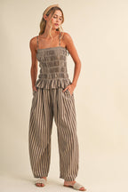 STRIPED RUFFLE HEM SMOCKED TOP PLAID WIDE LEG PANTS