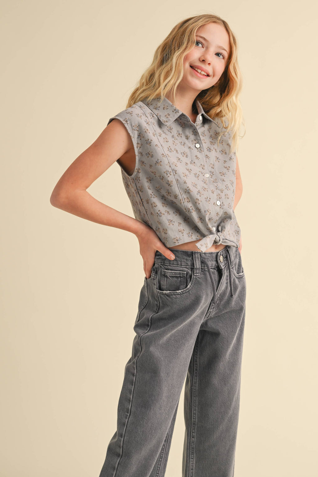 TWEEN GIRLS BUTTON UP CROPPED SHIRT