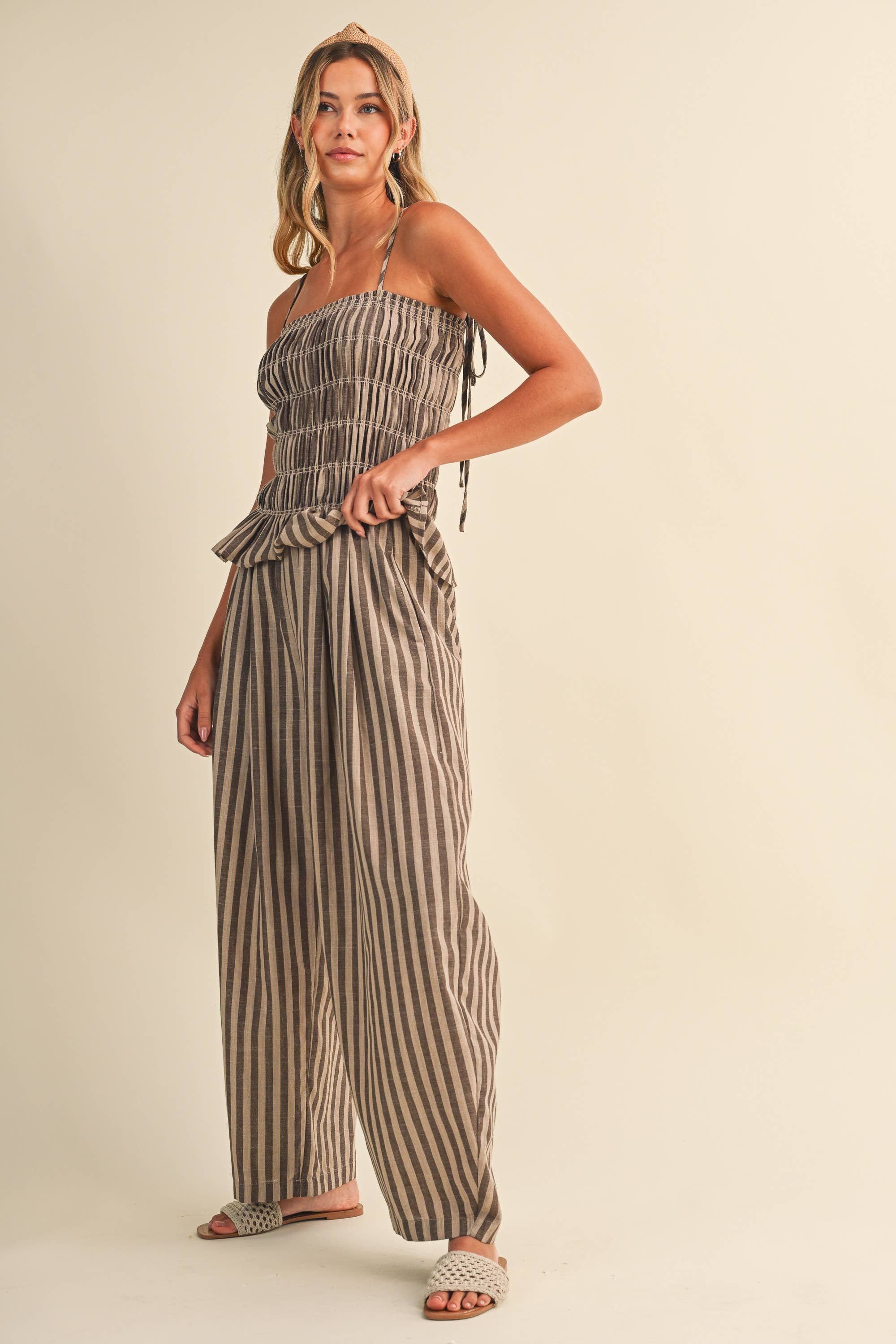 STRIPED RUFFLE HEM SMOCKED TOP PLAID WIDE LEG PANTS