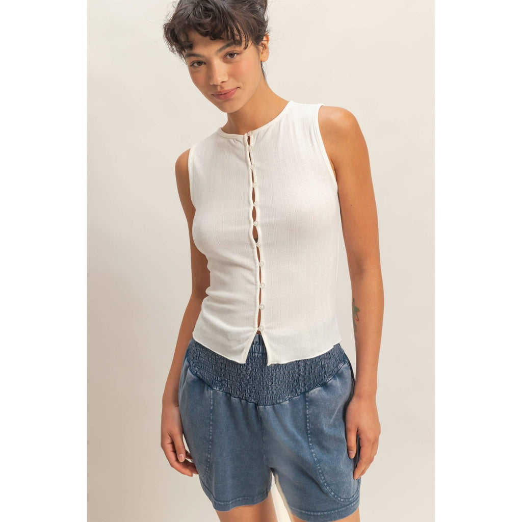 Sleeveless Pointelle Button Front Top