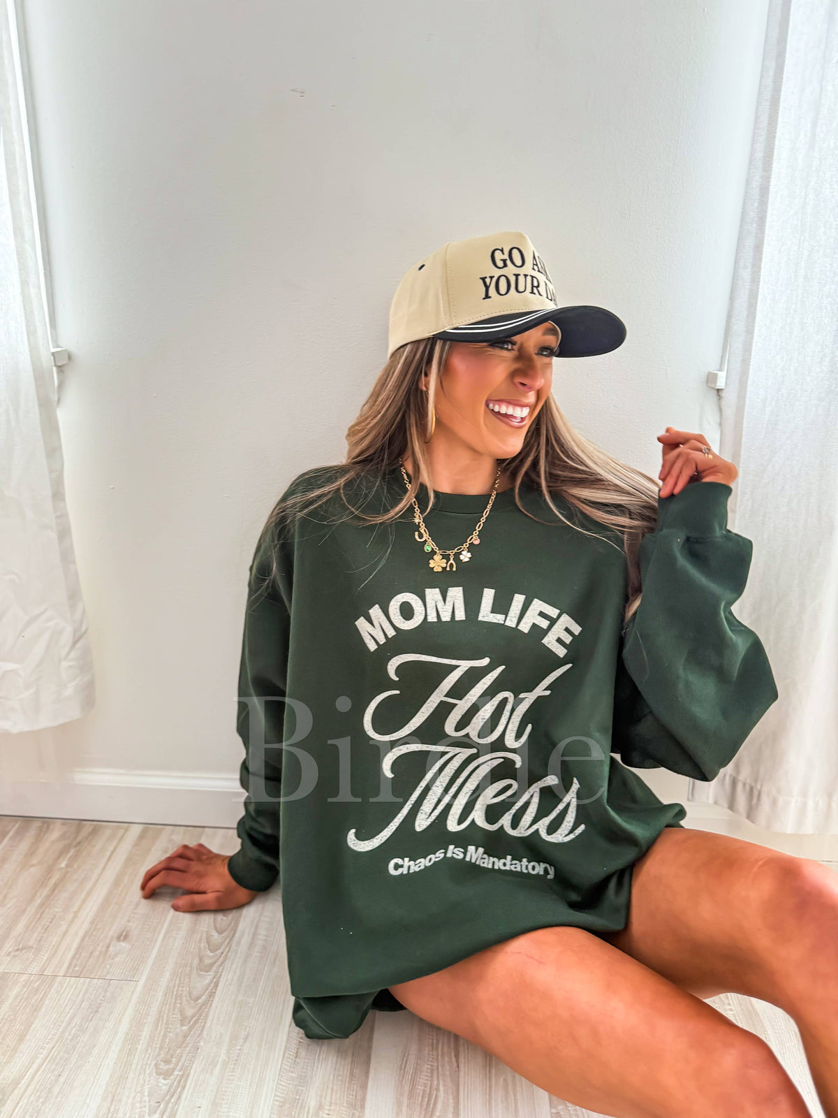 Mom Life Hot Mess Graphic Crewneck on Forest Green