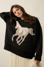 Horse Jacquard-Knit Loose-Fit Drop-Shoulder Sweater