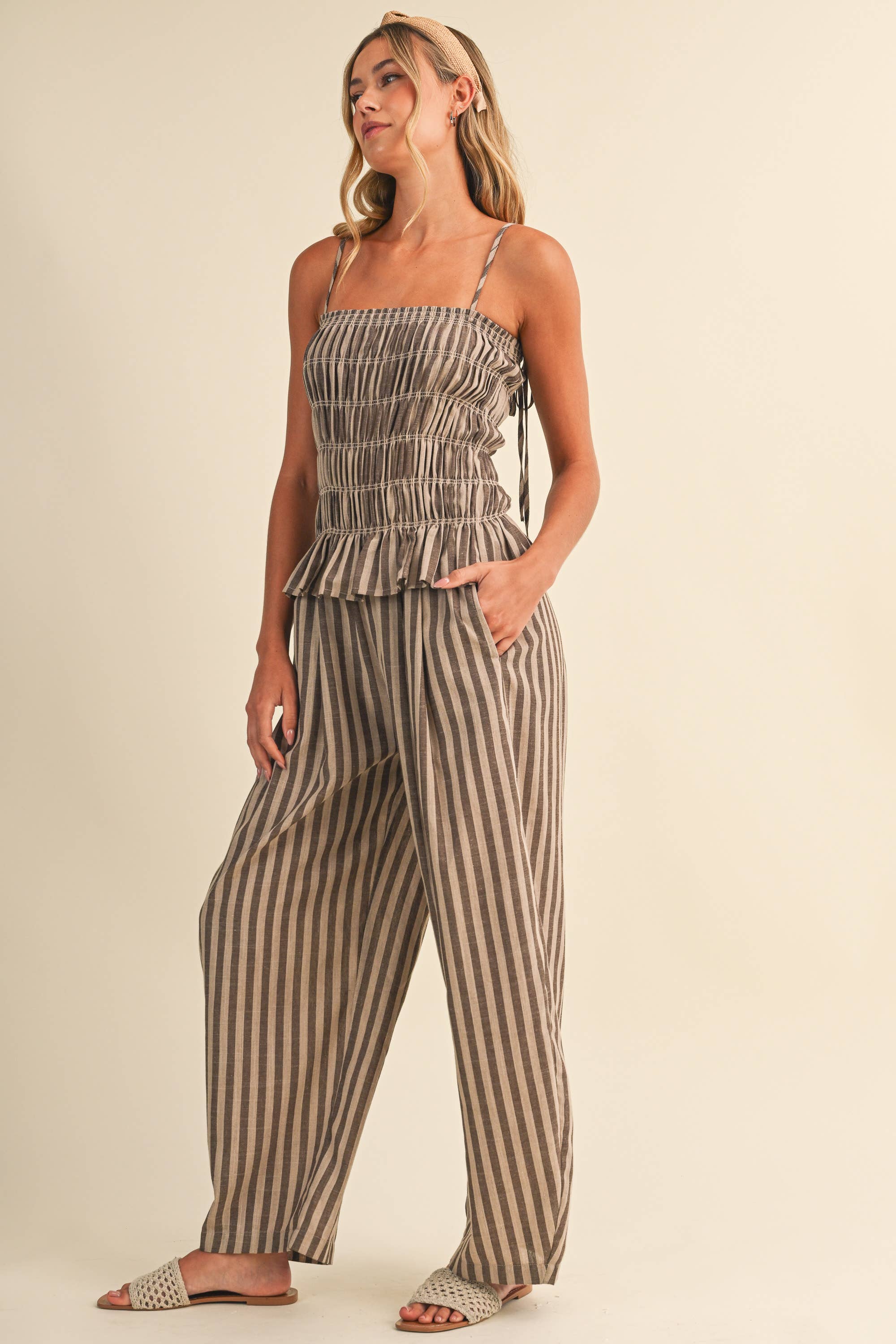 STRIPED RUFFLE HEM SMOCKED TOP PLAID WIDE LEG PANTS