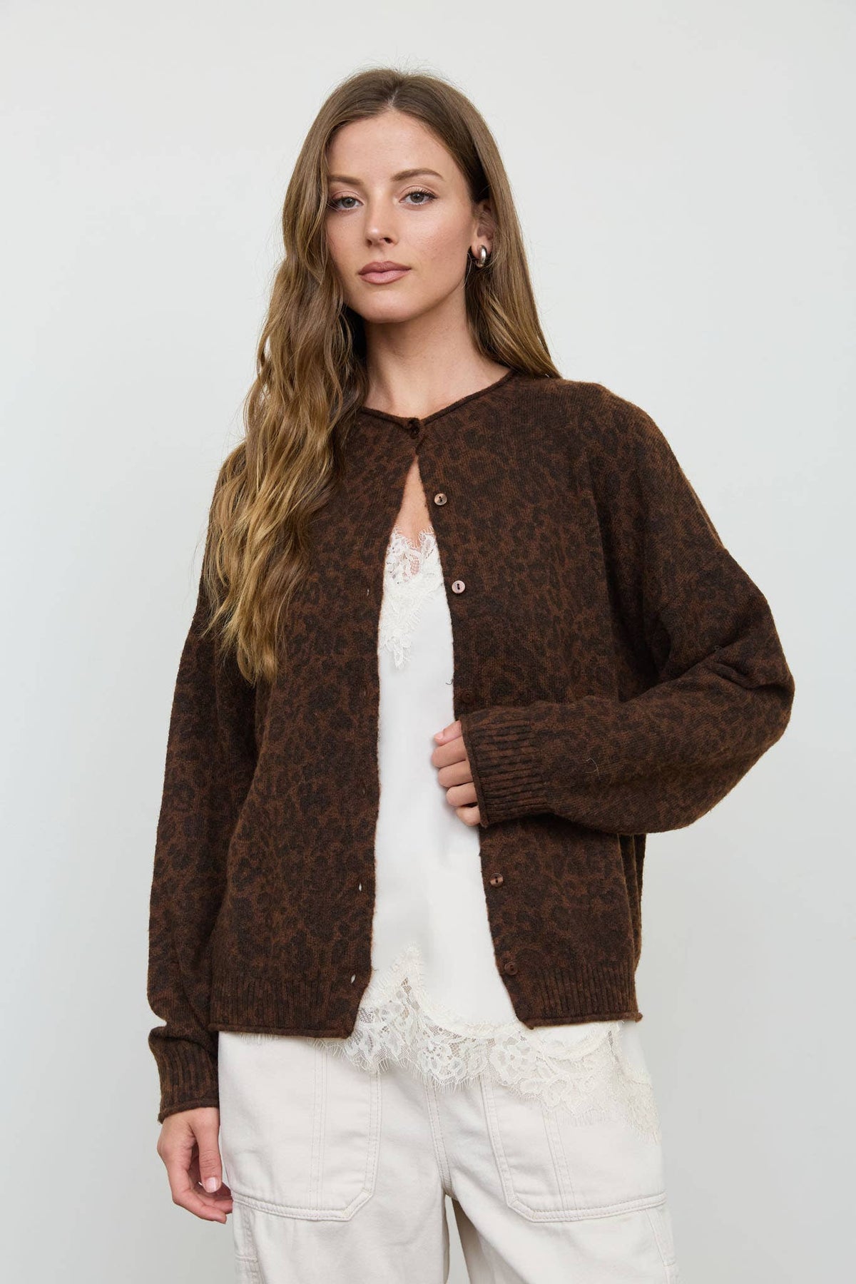 LEOPARD ROLLED EDGE BUTTON DOWN CARDIGAN