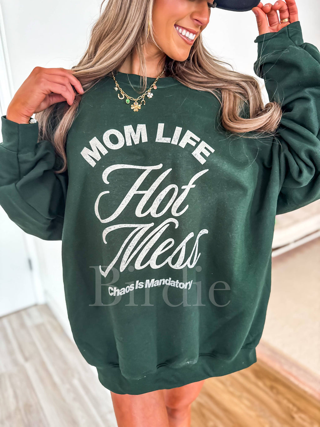 Mom Life Hot Mess Graphic Crewneck on Forest Green