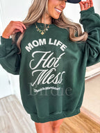 Mom Life Hot Mess Graphic Crewneck on Forest Green