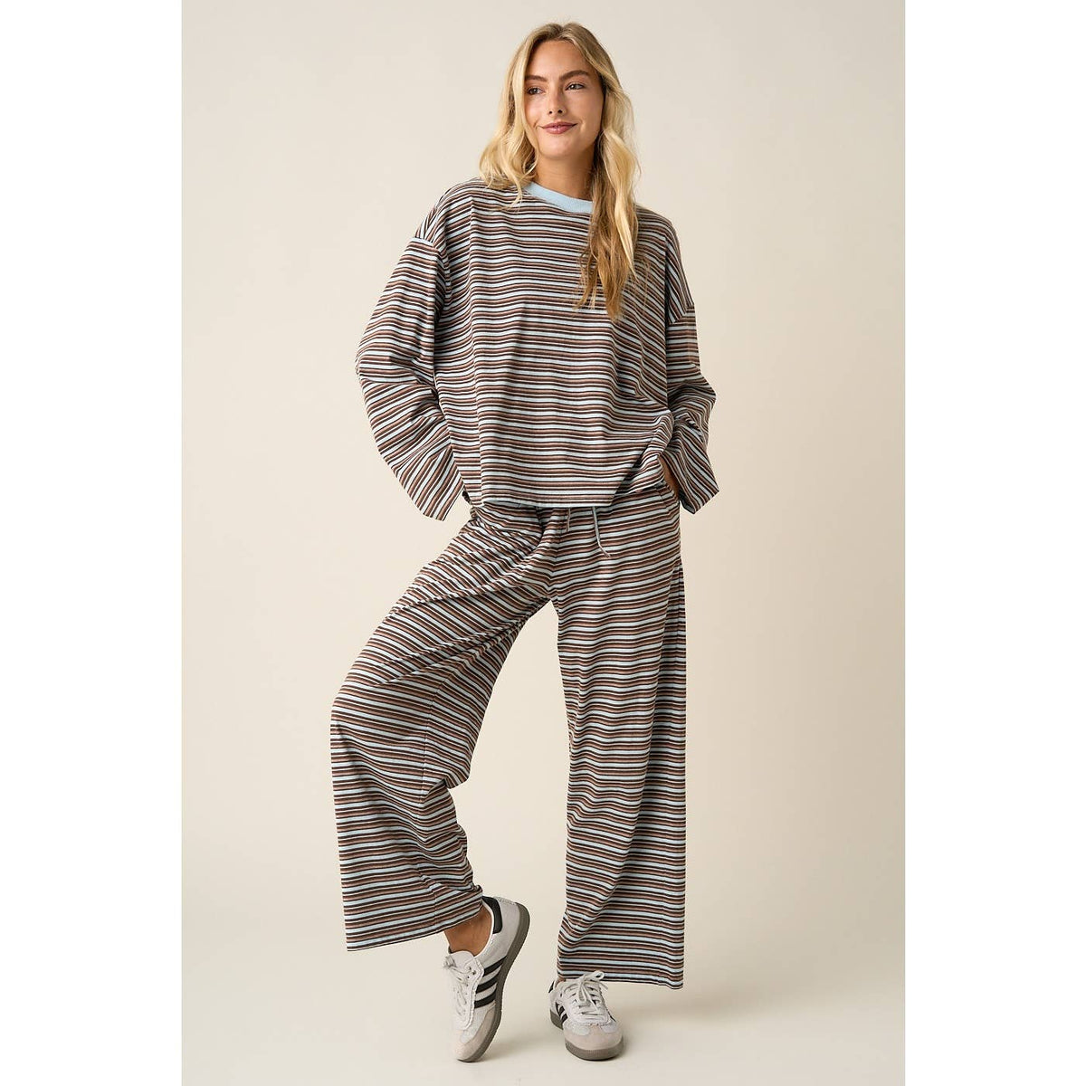 STRIPED LONG SLEEVE AND WIDE LEG PANTS CASUAL SET
