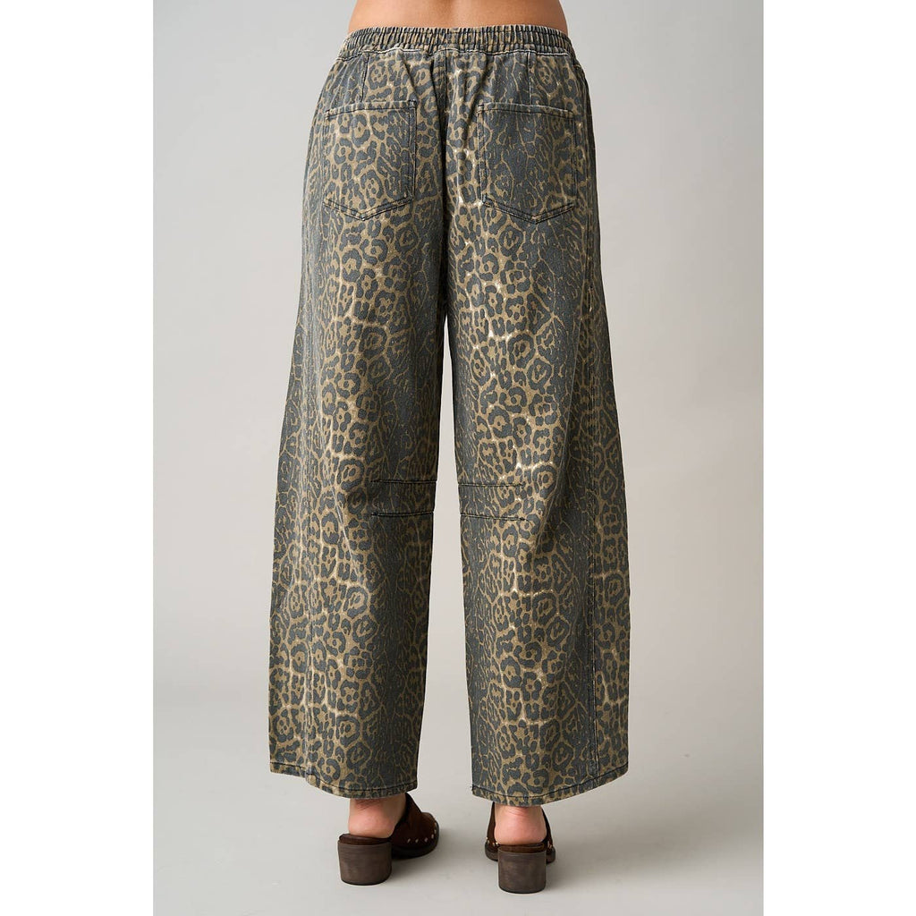 LEOPARD PRINT WASHED ELASTIC WAIST BARREL PANTS