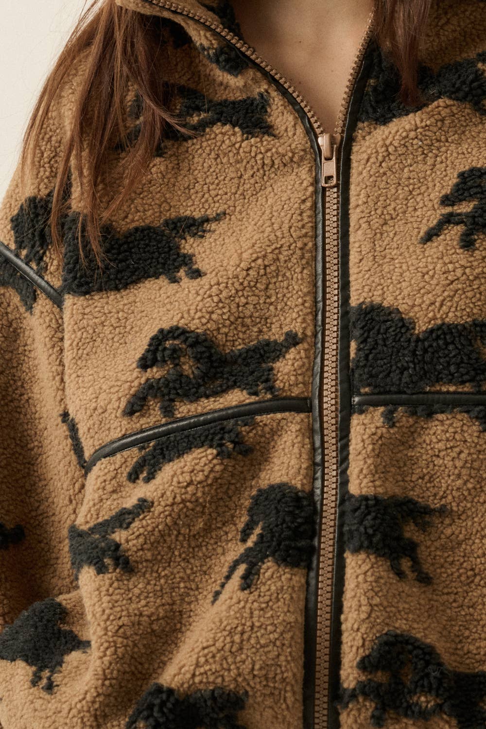 Horses Jacquard Sherpa Fleece Zip-Up High-Collar Jacket