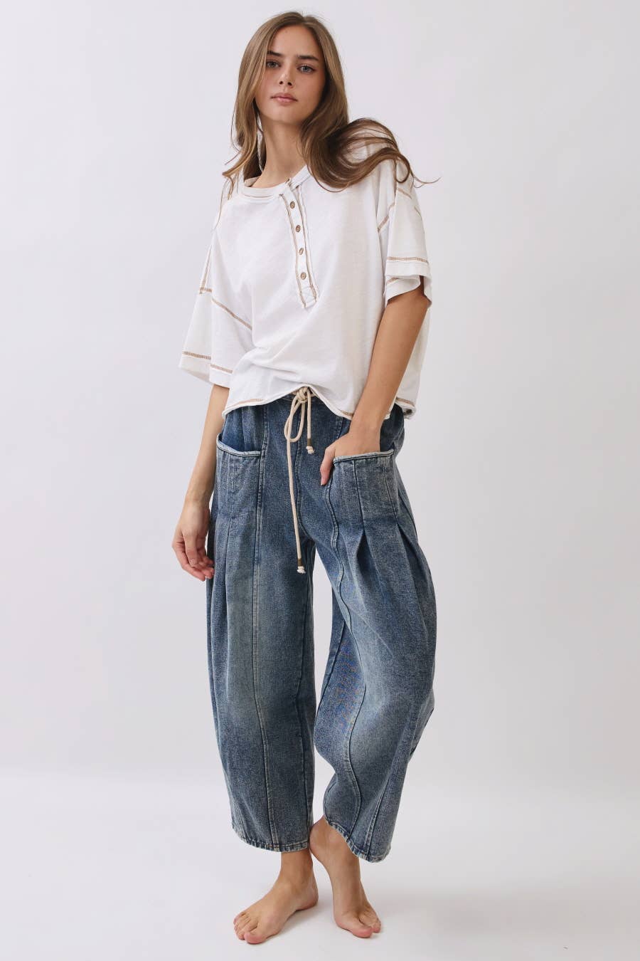 Plus Washed Denim Barrel Pants