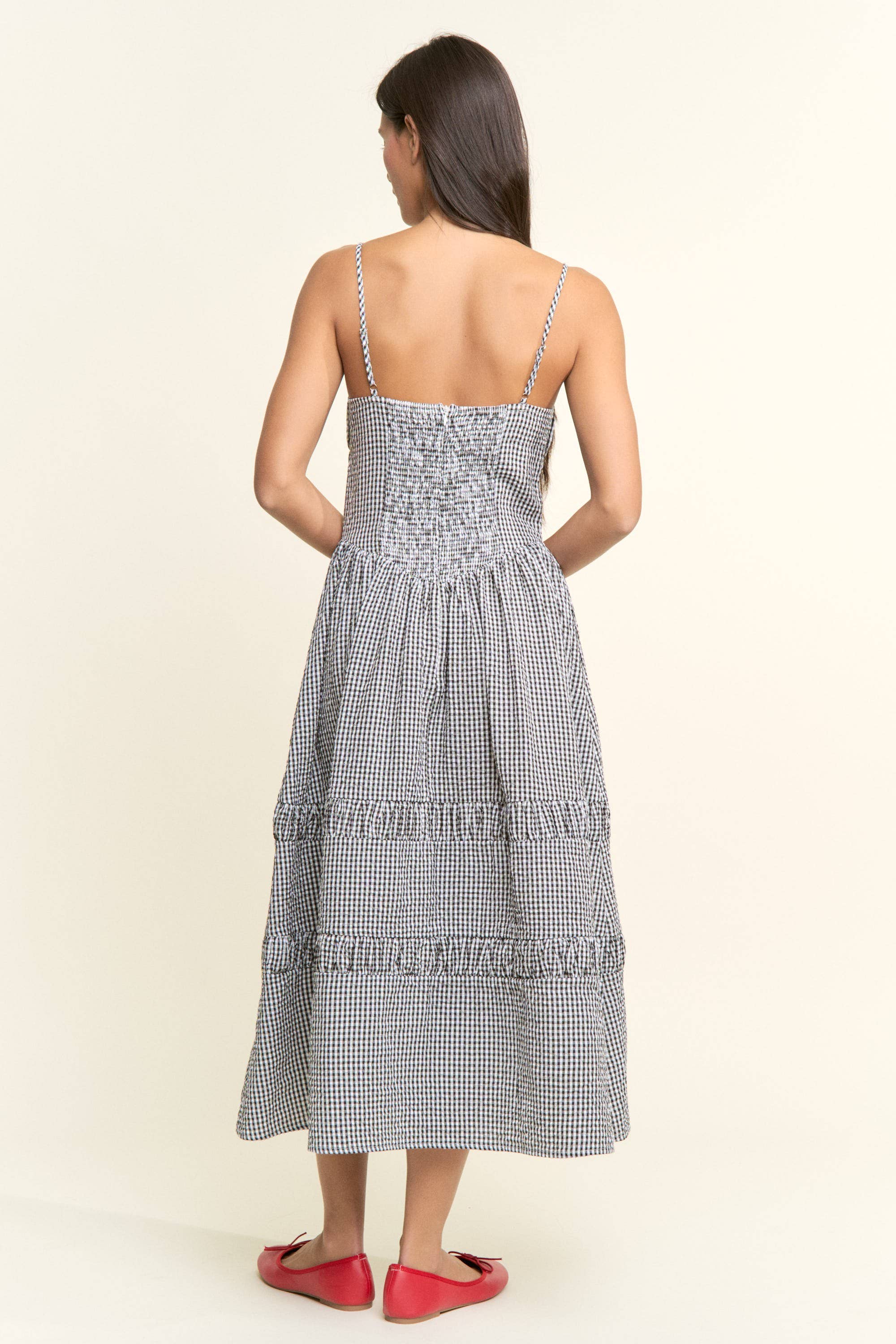 Gingham Smocked Bodice Tiered Midi Dress