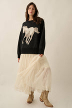 Horse Jacquard-Knit Loose-Fit Drop-Shoulder Sweater