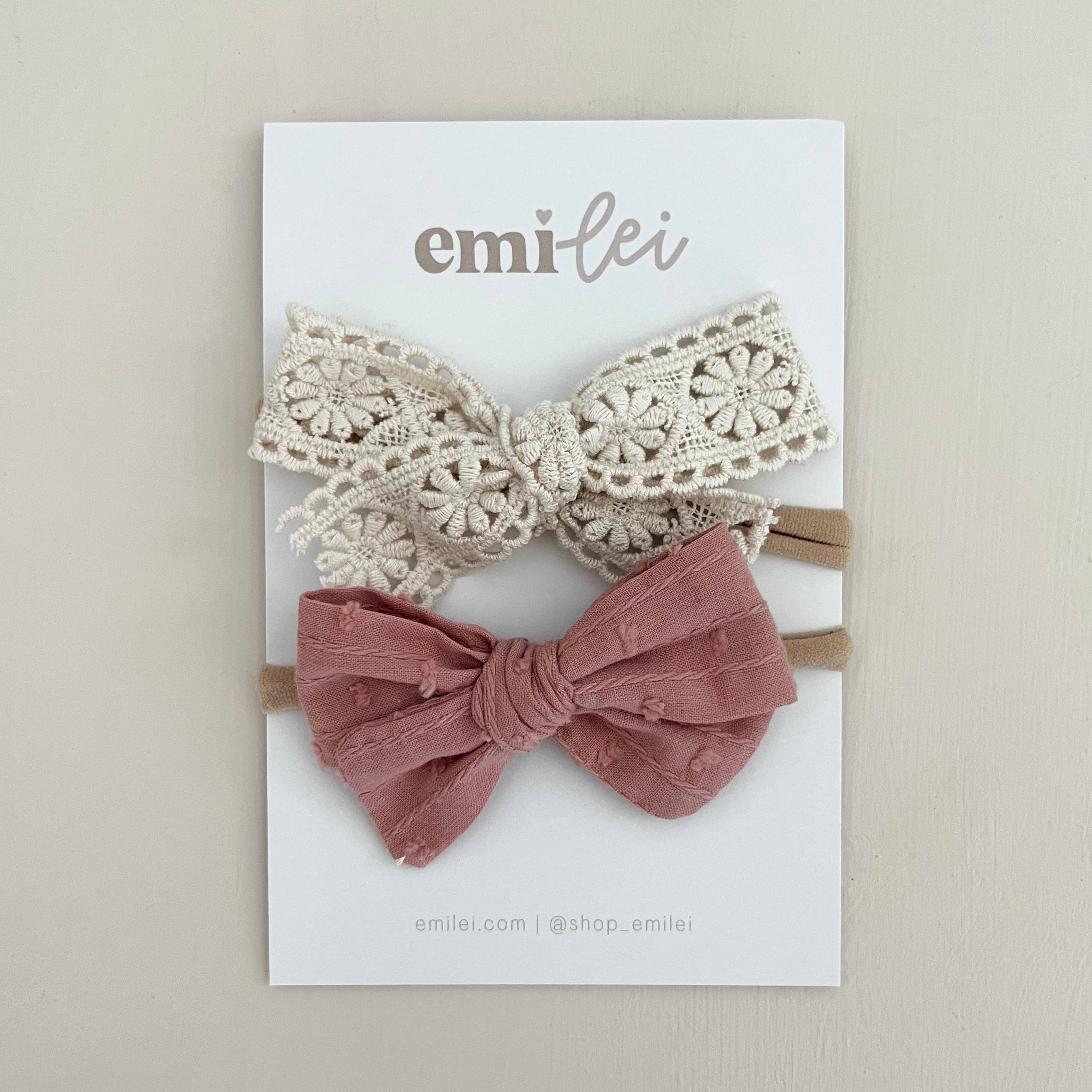 Nylon Stretchy Bow Headband Set - Cream Lace/Pink