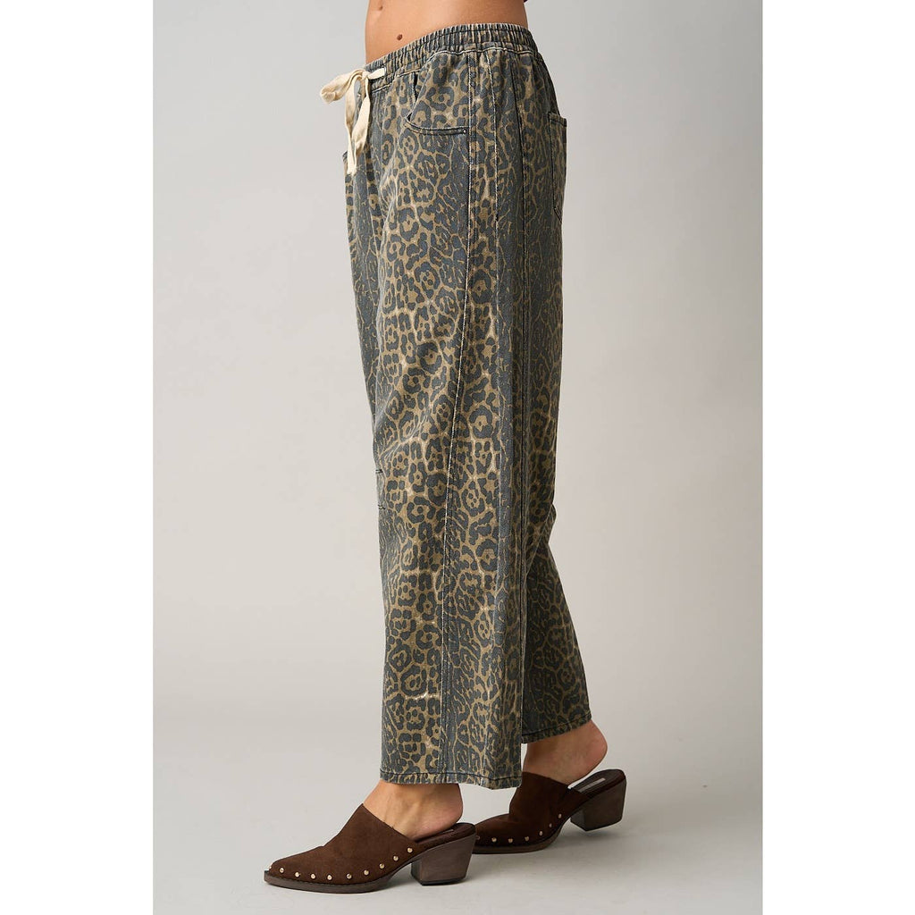 LEOPARD PRINT WASHED ELASTIC WAIST BARREL PANTS