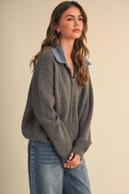 LONGSLEEVED ZIP UP JACKET WITH DENIM COLLAR DETAIL