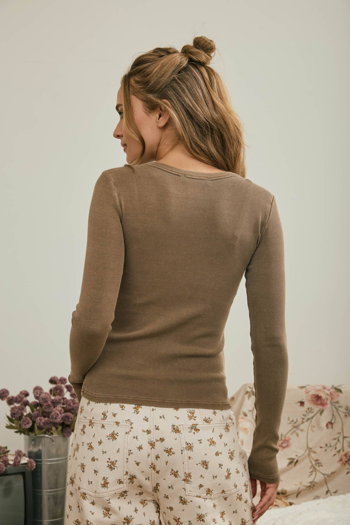 BUTTON FRONT ROUND NECK LONG SLEEVE KNIT TOP (multiple colors)